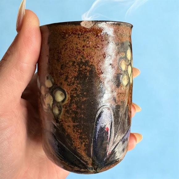 Vintage Hand Crafted set of 5 redware Glasses Hand Painted Floral Design - Picture 2 of 5